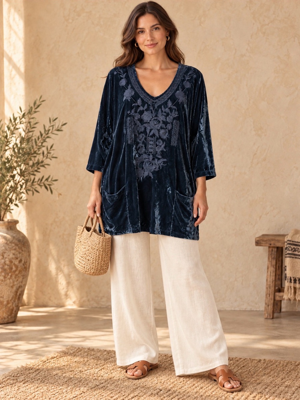 Soft Surroundings Shirt Womens 2X blue Velvet Embroidered Tunic Pocket lagen